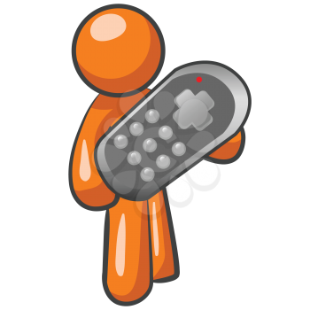 An orange man holding a remote controller. 