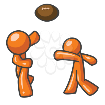 Two orange men playing football together, probably just for some freindly competition.