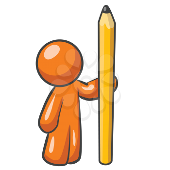 An orange man holding a large pencil. 