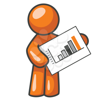 An orange man holding a bar graph, presenting it to you or your audience. 
