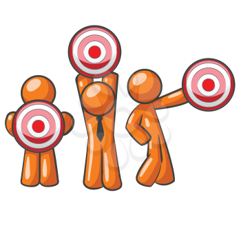 Three orange men holding targets up. A versatile concept for planning, objectives, or target audience. 
