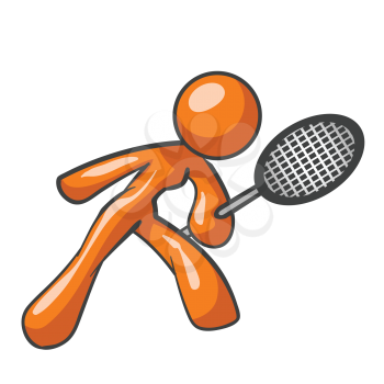 An orange woman with a tennis racket ready to play. 