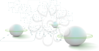 Vector Illustration of an abstract technology scene involving white powdery spheres and a circuitry background.