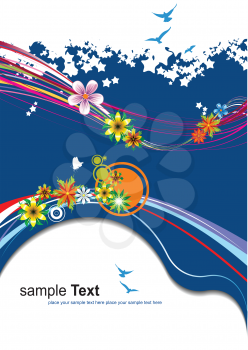 Royalty Free Clipart Image of a Background With Streamers Flower and Birds