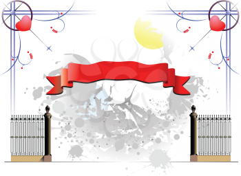 Royalty Free Clipart Image of a Curled Red Ribbon Over a Gate on a Grunge Background