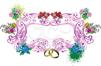 Royalty Free Clipart Image of a Frame With Flowers and Wedding Rings