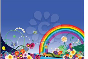Royalty Free Clipart Image of a Summer Scene With a Rainbow
