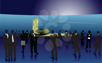 Royalty Free Clipart Image of Business Silhouettes on a Deep Blue Background