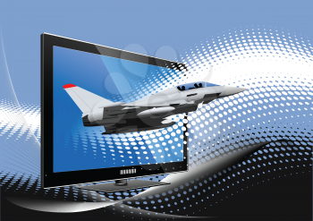 Blue dotted background with Flat computer monitor with air force combat . Display. Vector illustration