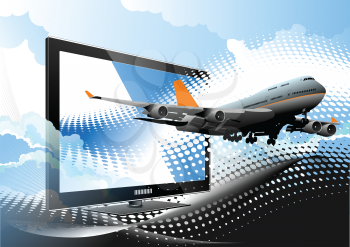 Blue dotted background with Flat computer monitor with passenger plane. Display. Eps 10 Vector illustration