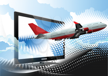 Blue dotted background with Flat computer monitor with passenger plane. Display. Eps 10 Vector illustration