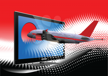 Blue dotted background with Flat computer monitor with passenger airplane image . Display. Vector illustration