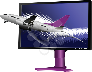 Blue dotted background with Flat computer monitor with passenger plane. Display.  Vector illustration