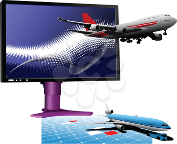 Blue dotted background with Flat computer monitor with passenger plane. Display.Vector illustration