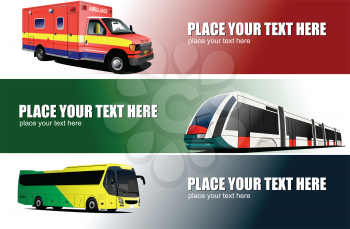 Three banners with municipal transport. 3d vector color illustration