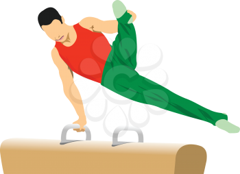 Man gymnast exercises.  Pommel horse. 3d vector illustration