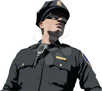 Policeman with walkie-talkie radio. Vector 3d illustration