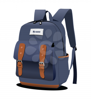 School blue backpack. 3d color vector illustration