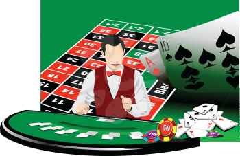 Black jack  table and casino elements with croupier image. 3d vector illustration