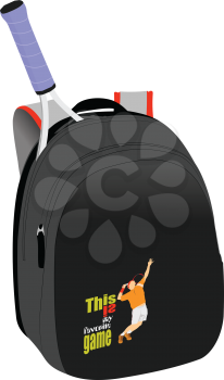 Black  backpack with tennis rocket. 3d color vector illustration