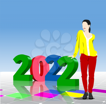 Vector 3d illustration of  2022 year with young woman