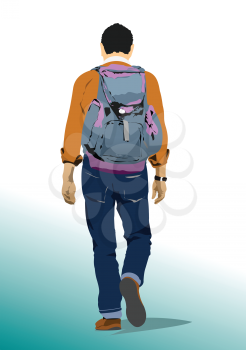 Young man with packsack. Vector 3d illustration