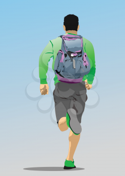 Man running with packsack. 3d vector illustration