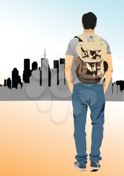 Man with packsack on city panorama background. 3d vector illustration