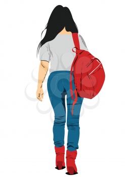 Young walking woman with packsack. Vector 3d illustration