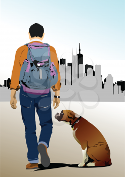 Young man with dog on city background . Vector 3d illustration
