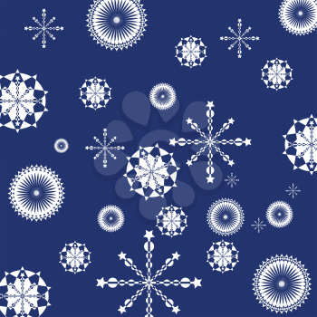 Royalty Free Clipart Image of Geometric Snowflakes on a Blue Background