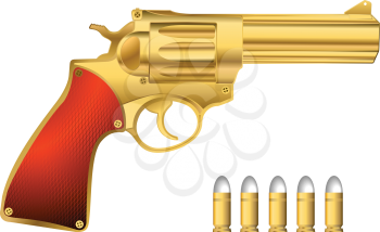 Golden revolver and bullets, isolated objects over white background