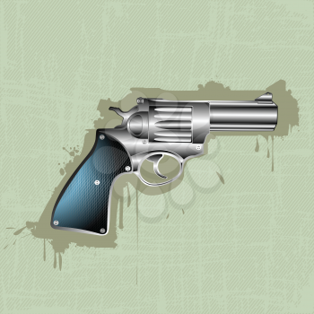 Image shows a hand gun, pistol over a grunge stripped background