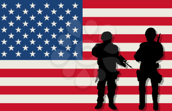 Armed soldiers silhouettes over american flag background