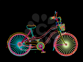 Retro bicycle in colors, stylized design over black background