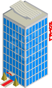 Isometric drawing of a tall hotel over white