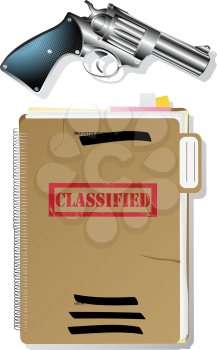 Classified files and revolver, isolated and grouped objects over white background