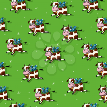 Flying cows cartoon, seamless pattern design