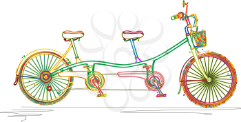Stylized colored tandem bicycle design over white background