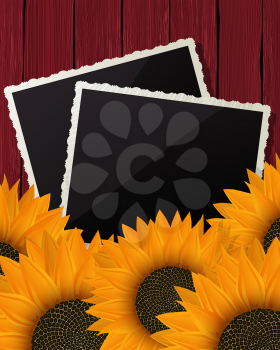Summer collage with vintage photo frames, sunflowers and wooden background. Layered vector design.