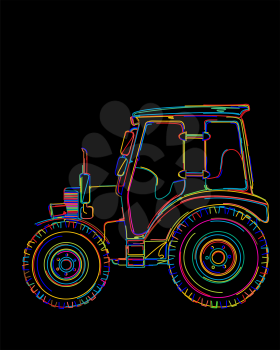 Vector illustration of colorful funky tractor over black