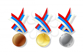 Russia medals in gold, silver and bronze with national flag. Isolated vector objects over white background