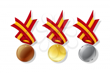 Spanish medals in gold, silver and bronze with national flag. Isolated vector objects over white background