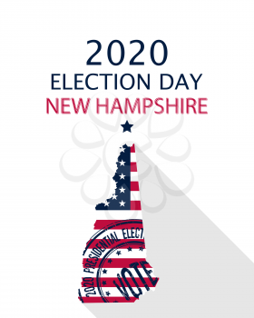 2020 United States of America Presidential Election New Hampshire vector template.  USA flag, vote stamp and New Hampshire silhouette