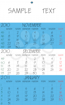 Royalty Free Clipart Image of a 2010 Late Fall Early Winter Calendar