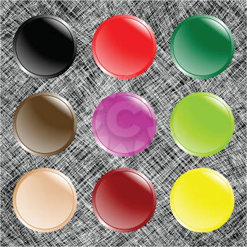 Royalty Free Clipart Image of a Set of Buttons on a Grey Scratched Background