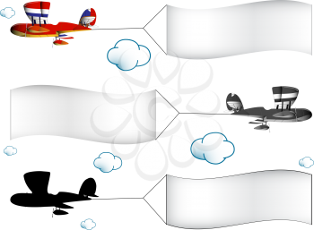 cartoon airplanes with banners in the cloudy sky, abstract vector art illustration; image contains transparency