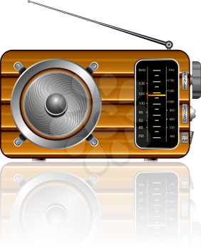 wooden retro radio reflected against white background, abstract vector art illustration; image contains transparency and opacity mask