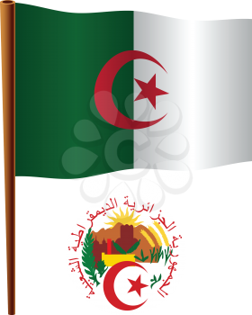 algeria wavy flag and coat of arms against white background, vector art illustration, image contains transparency