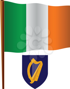 ireland wavy flag and coat of arms against white background, vector art illustration, image contains transparency